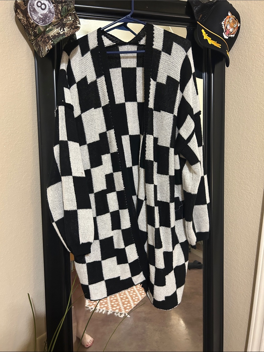 Black & White Checker Open-Front Women's Sweater Cardigan